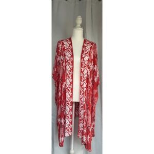 Angie orange & White Floral Kimono Cardigan Open Front, asian inspired, Boho.